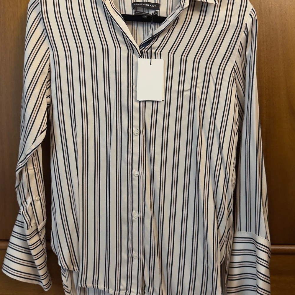 NWT Something Navy Striped Button-Up Shirt - Cream with burgundy andNavy Stripes